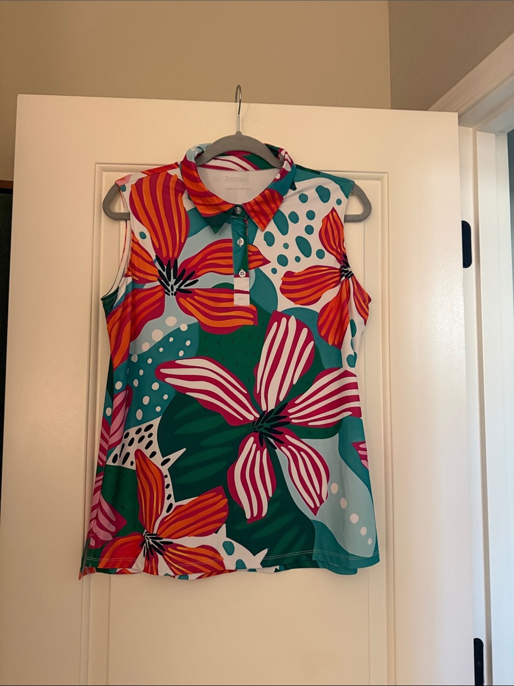 Sleeveless Floral Polo Tank Top by Karen Kane - Teal & Pink